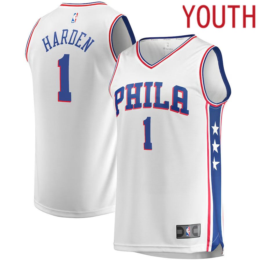 Youth Philadelphia 76ers #1 James Harden Fanatics Branded White Fast Break Replica Player NBA Jersey